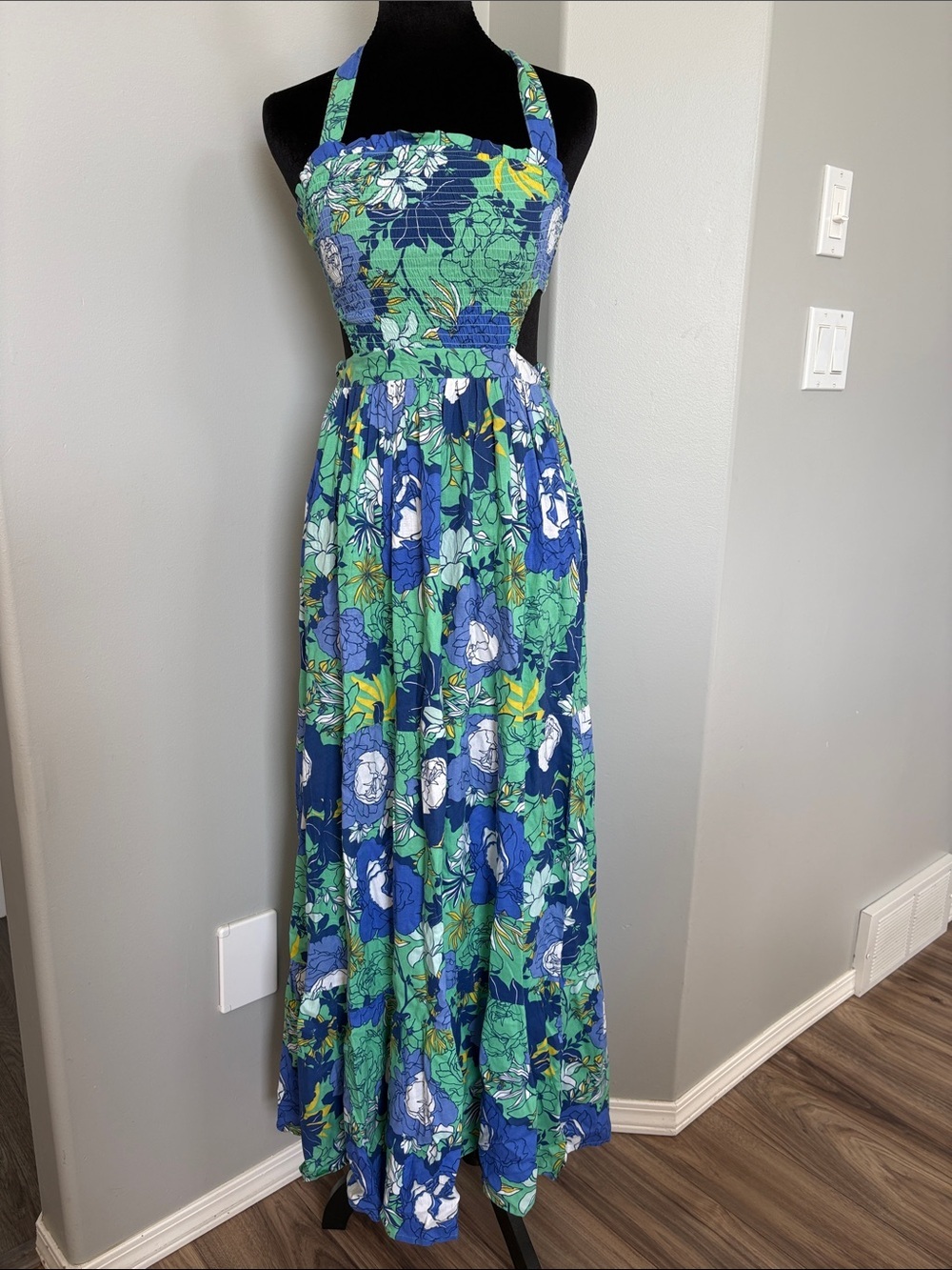 Japna Blue and Green Floral Halter Maxi Dress